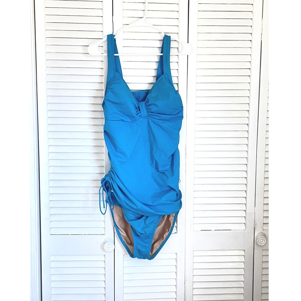 Lands End Blue Tankini Swimsuit Set Side Cinch Top High Waist Bottoms 14L